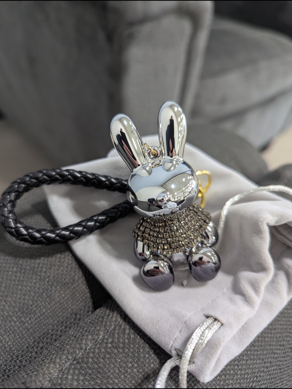 Gunmetal Bunny Bag Charm Black Strap NWOT